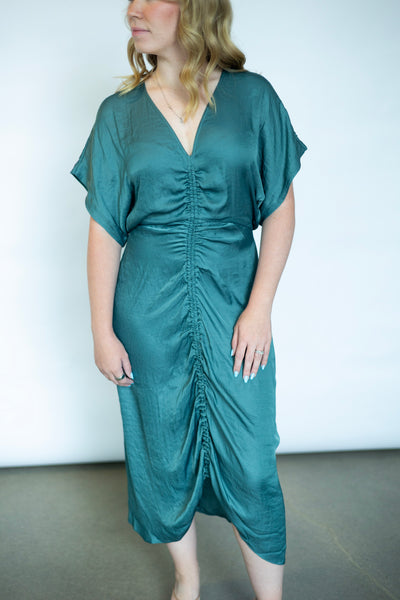 Teal satin wedding guest dress