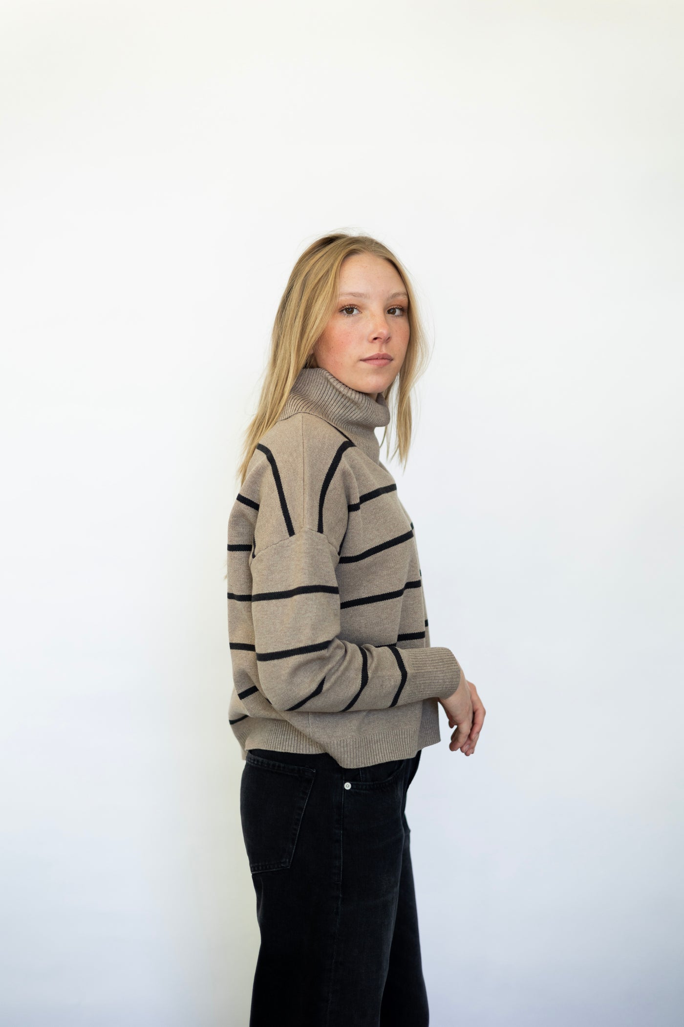 Cozy Striped Turtleneck Sweater With Slit