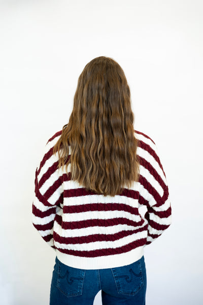 Stripe Crew Neck Cable Knit Sweater