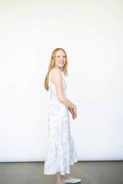 White dress with lilac flowers