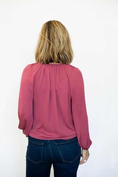 LS V-Neck Blouse W/ Pleated Detail