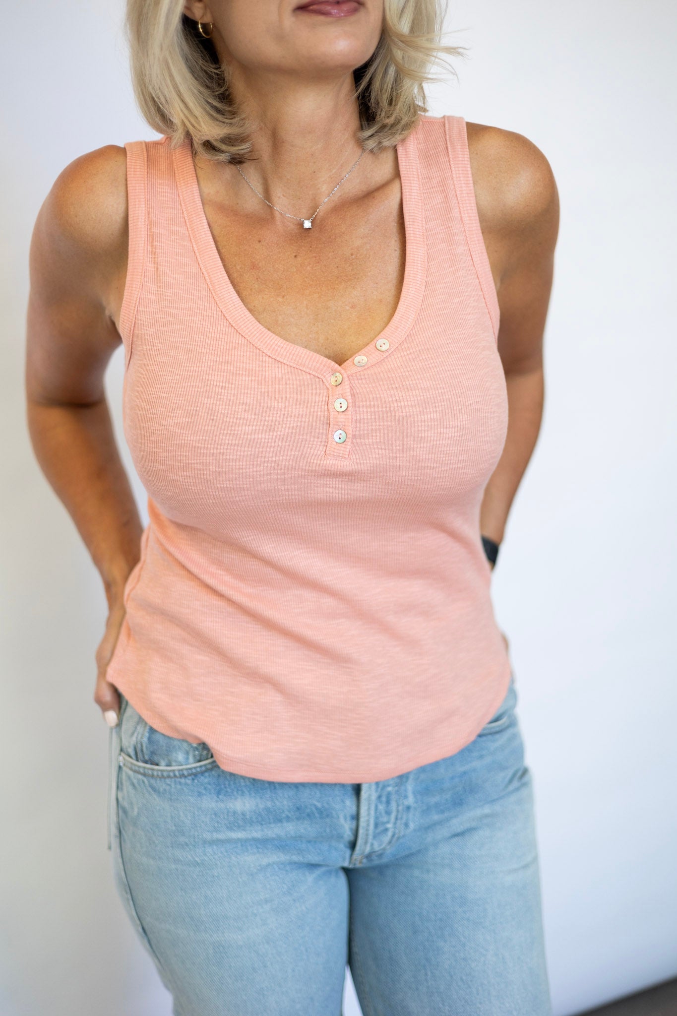 Ribbed V Neck Henley Tank Top