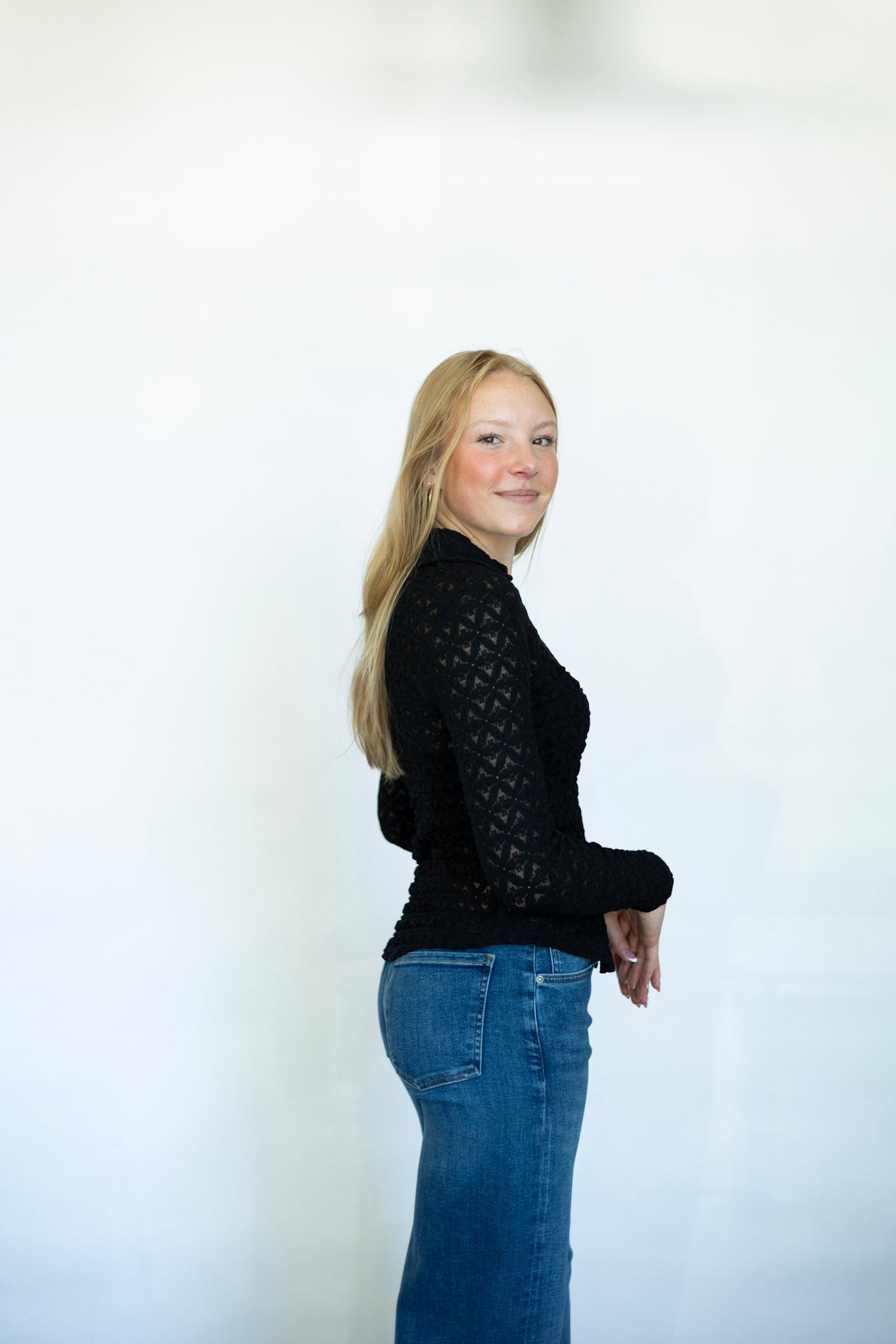Sheer lace long sleeve button down 
