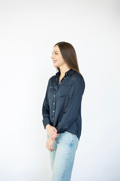 Women's satin, navy blue button down