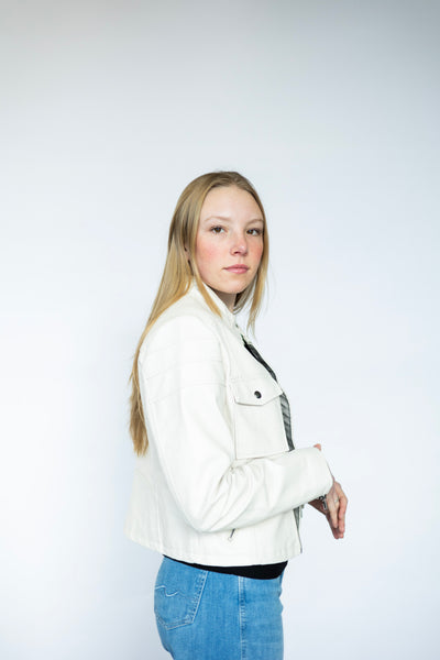 Cropped, white leather jacket