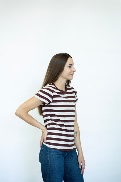 Women's maroon striped tee