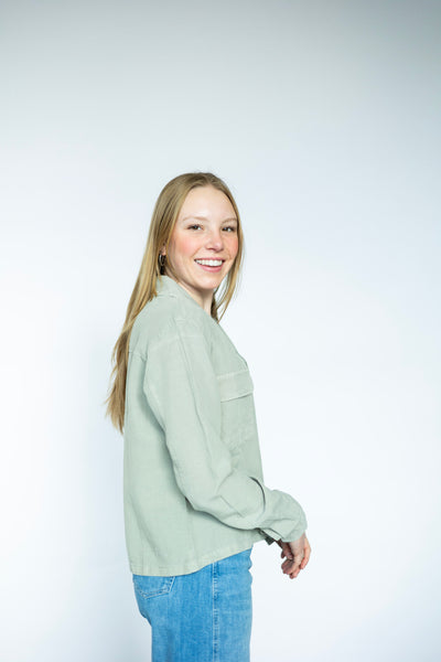 Sage green, cropped button down