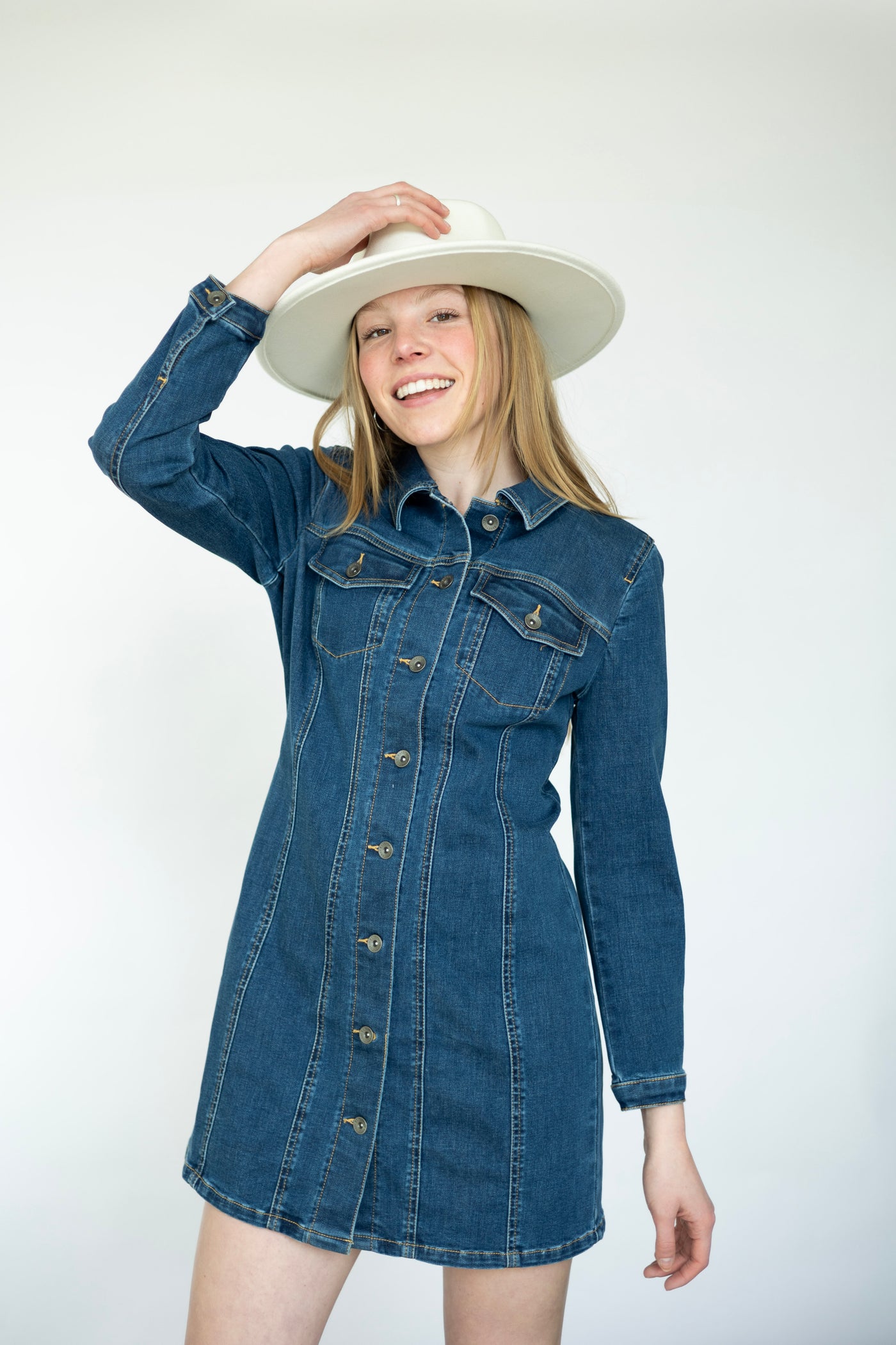 Cute, long sleeve denim dress