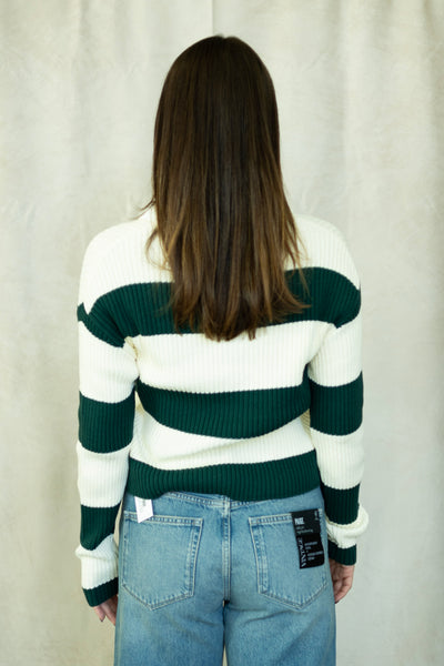 White and evergreen striped sweater