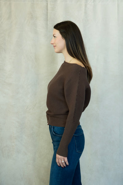 Ribbed, off the shoulder, brown sweater