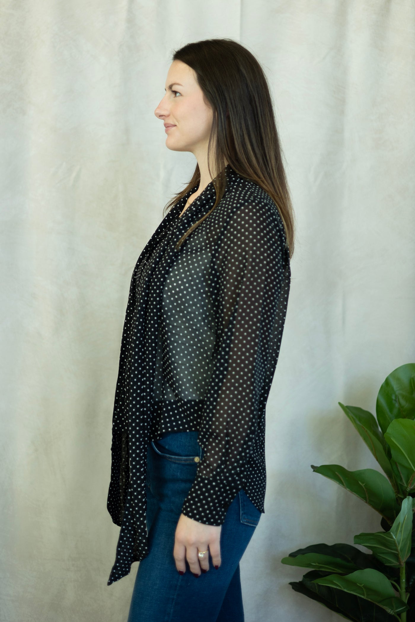 Mesh polka dot blouse with neck tie