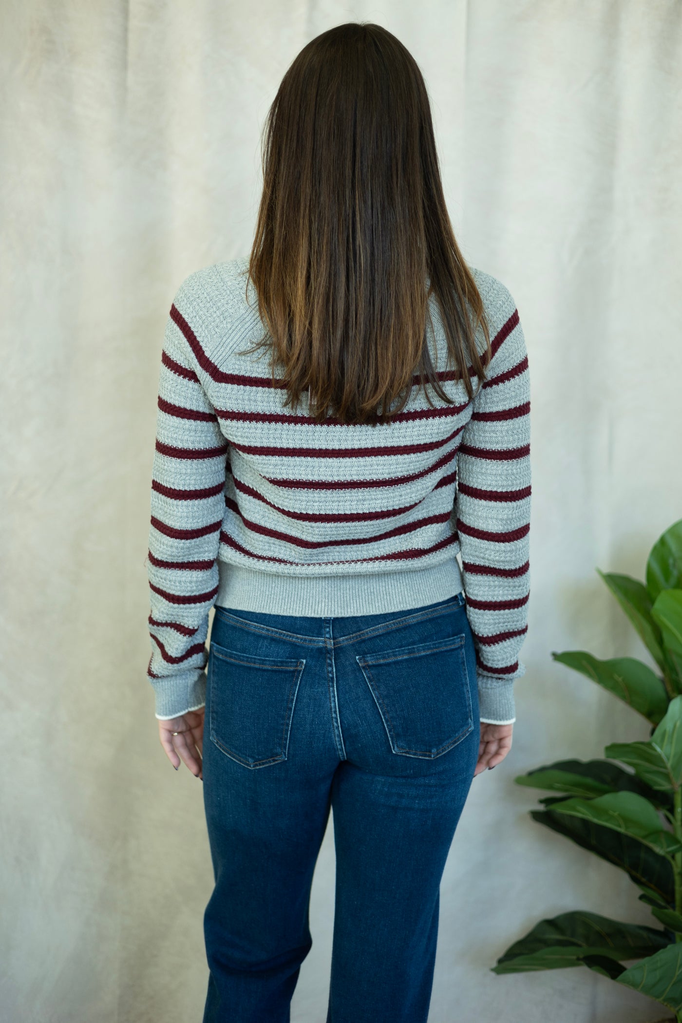 Gray and burgundy striped sweater