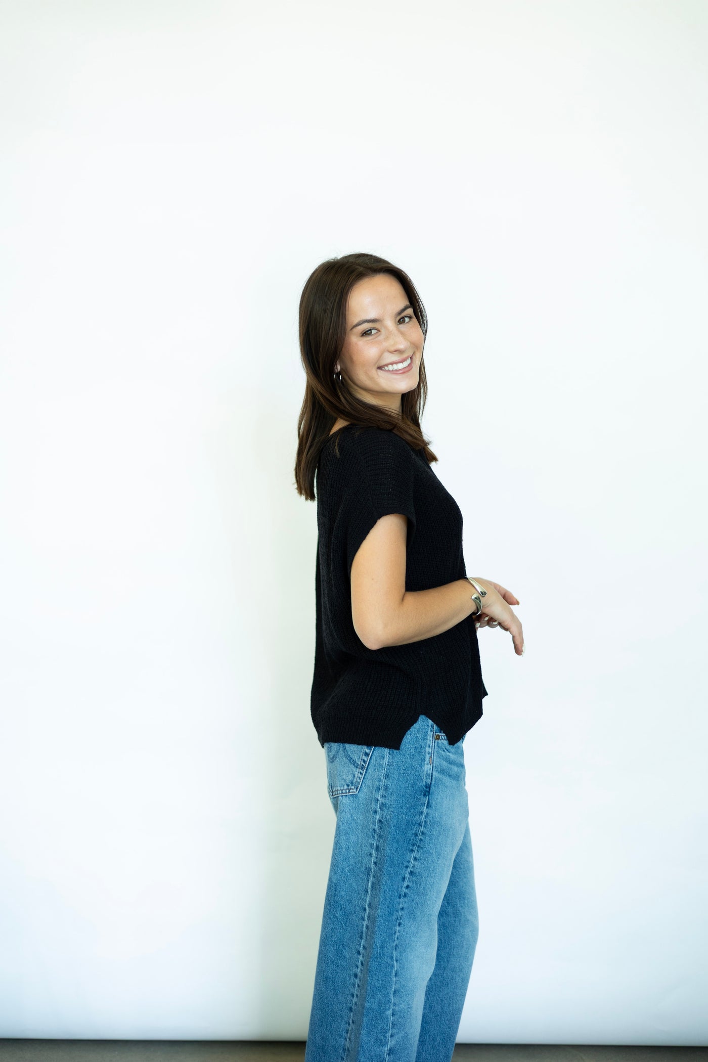 Open knit short sleeve black sweater