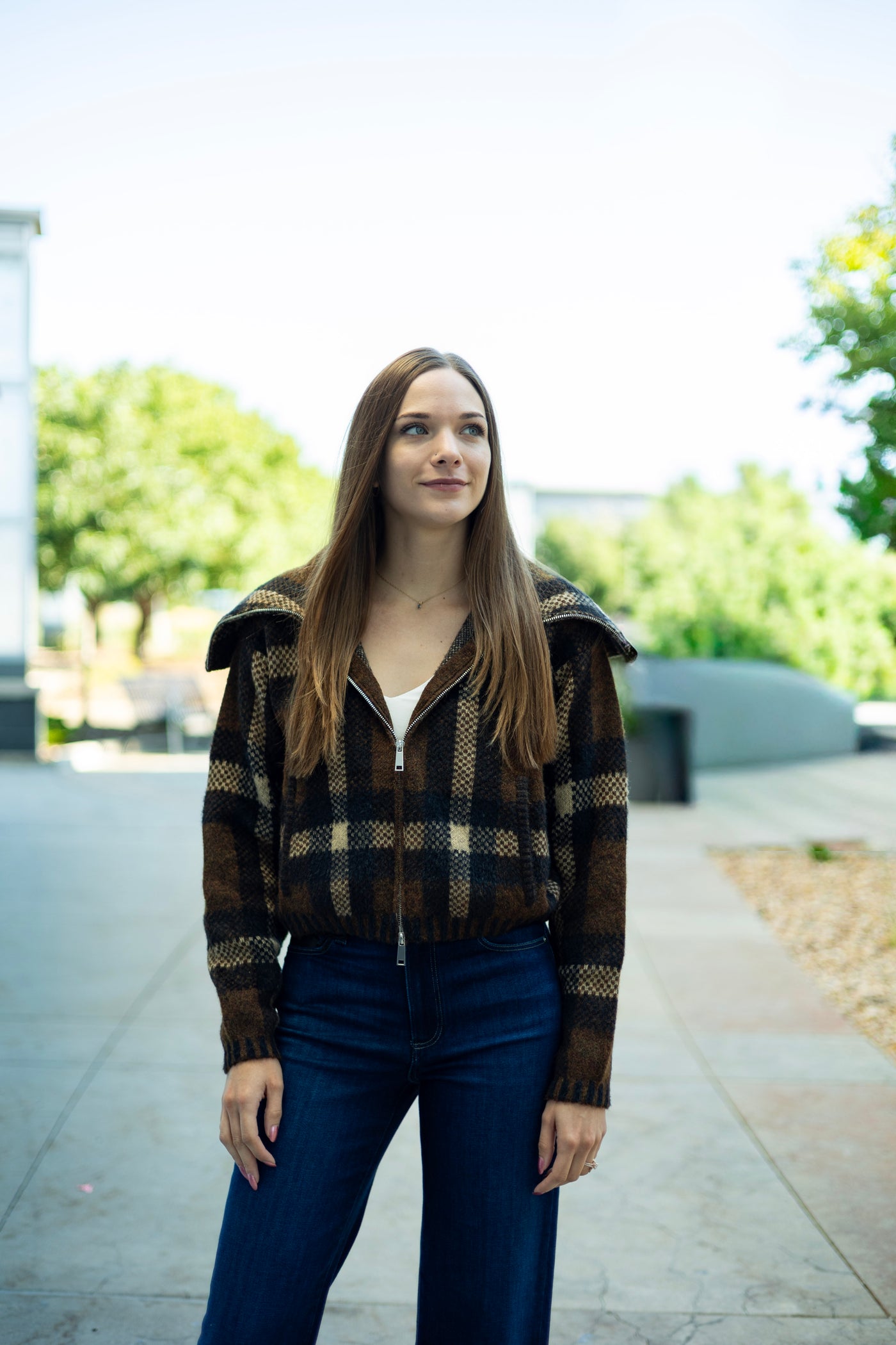 Cropped, plaid zip up jacket