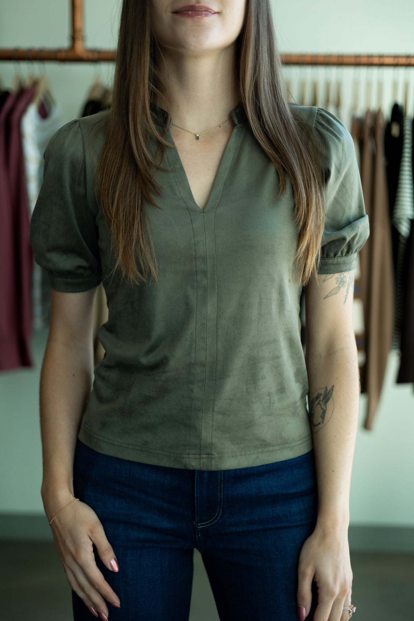 Olive green, suede, short sleeve blouse