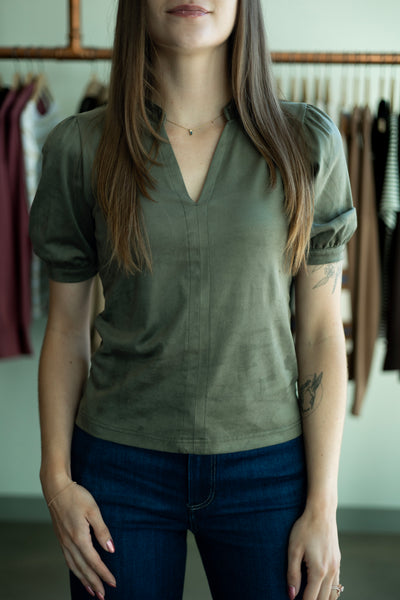 Olive green, suede, short sleeve blouse