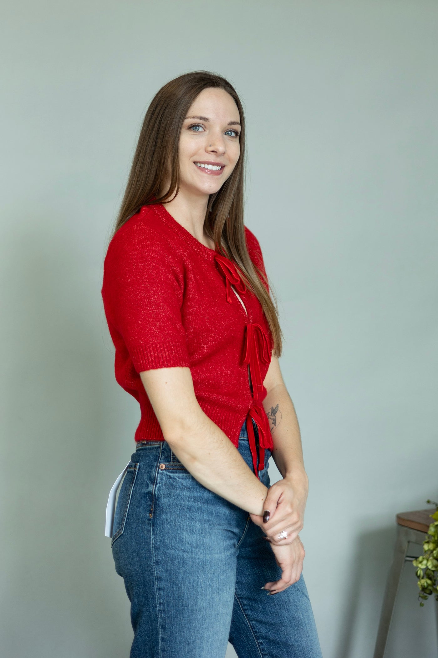 Red short sleeve sweater with bows