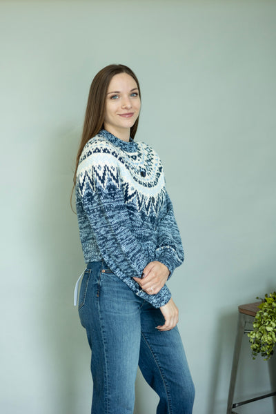 Balloon sleeves, blue cardigan