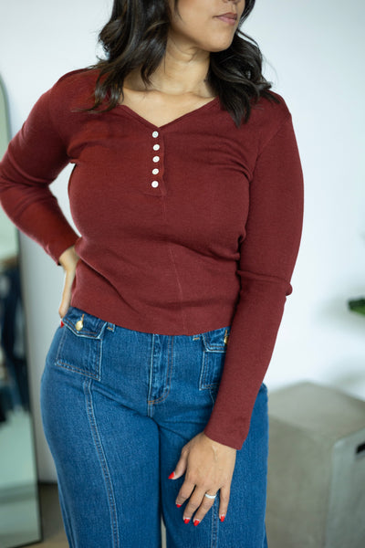 V Neck Button Closure Knit Top