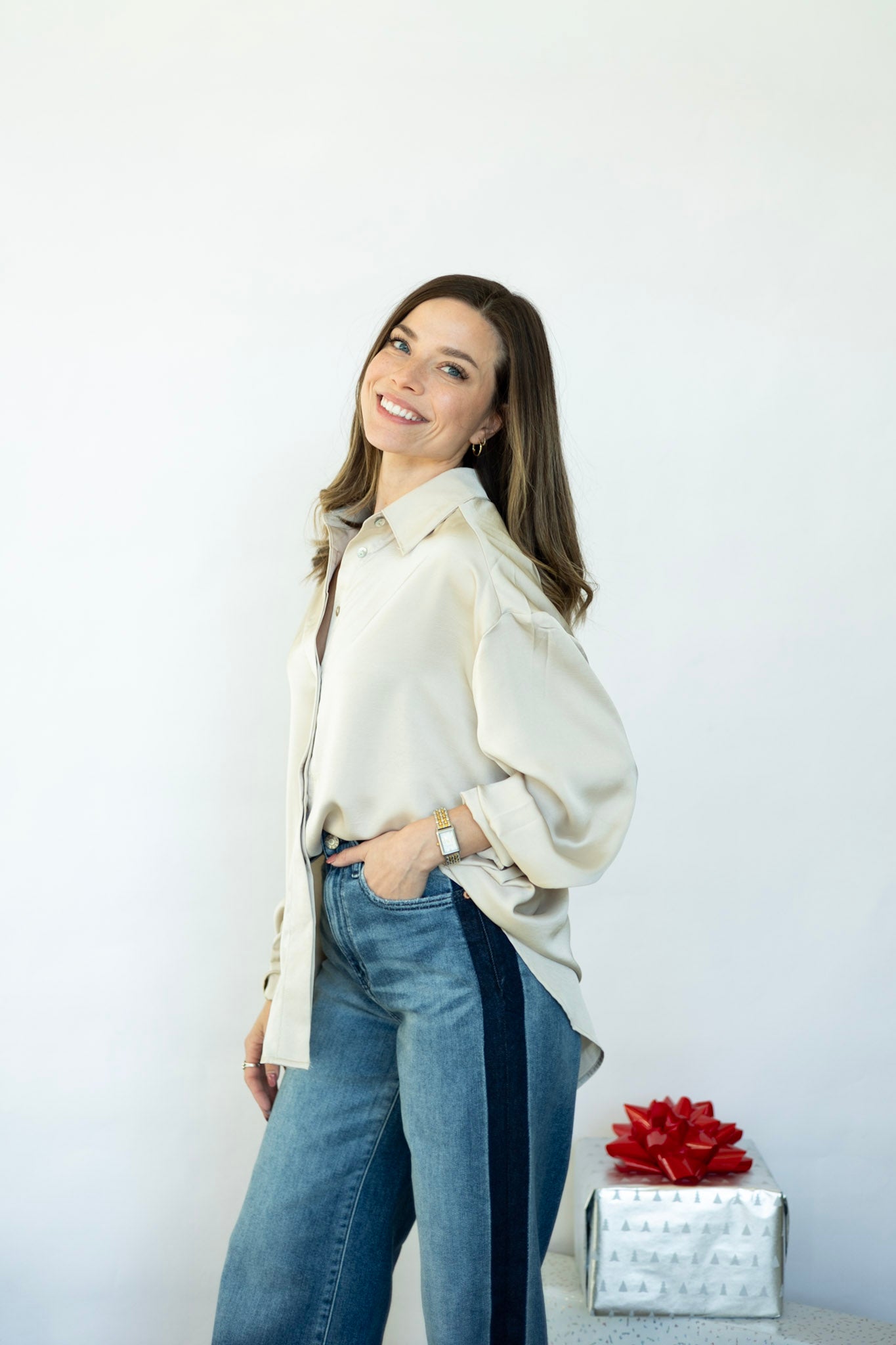 Cream satin blouse for women