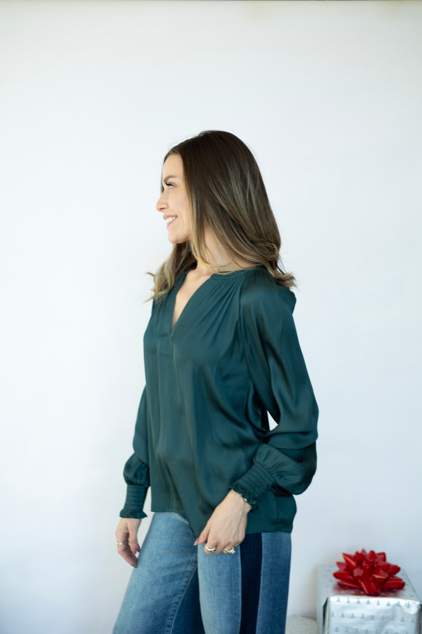 Green, long sleeve, satin blouse
