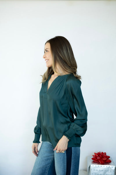 Green, long sleeve, satin blouse