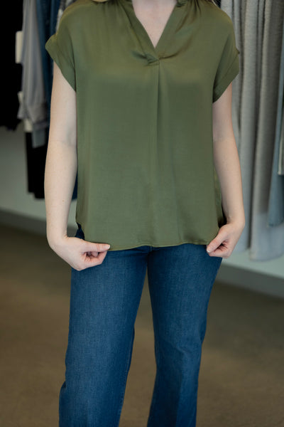 Green, satin, short sleeve blouse