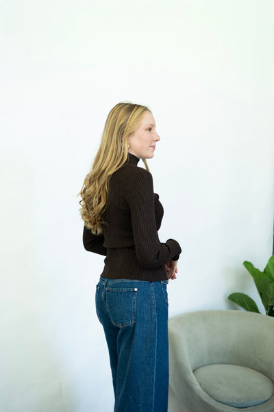 Brown, ribbed, mock neck long sleeve 