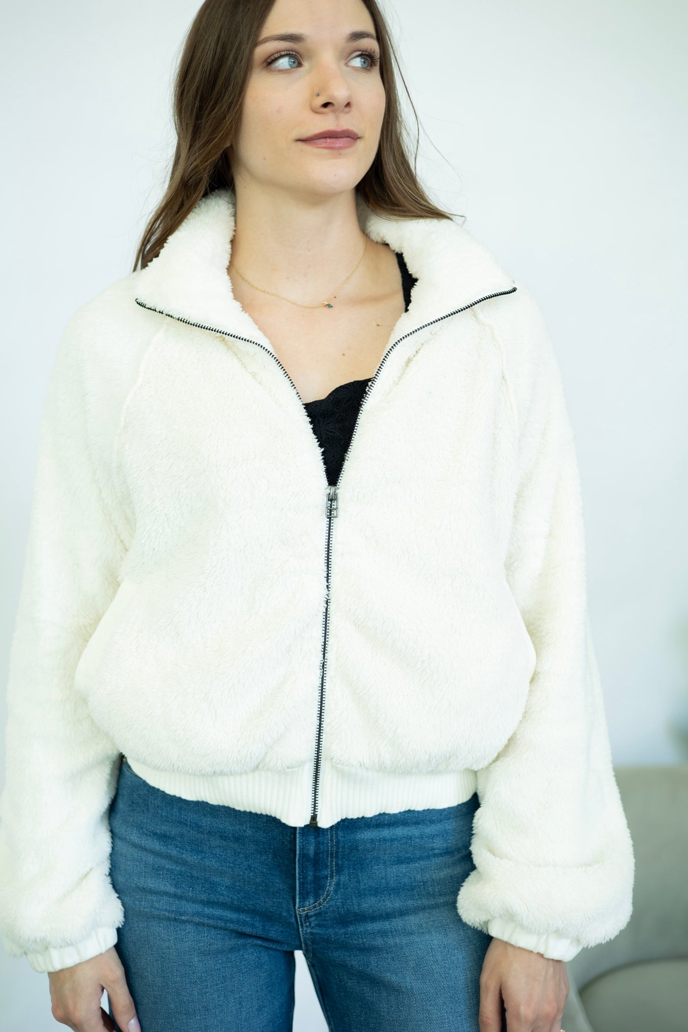 Fuzzy white jacket for women