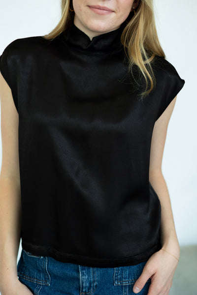 Satin, mock neck, short sleeve top