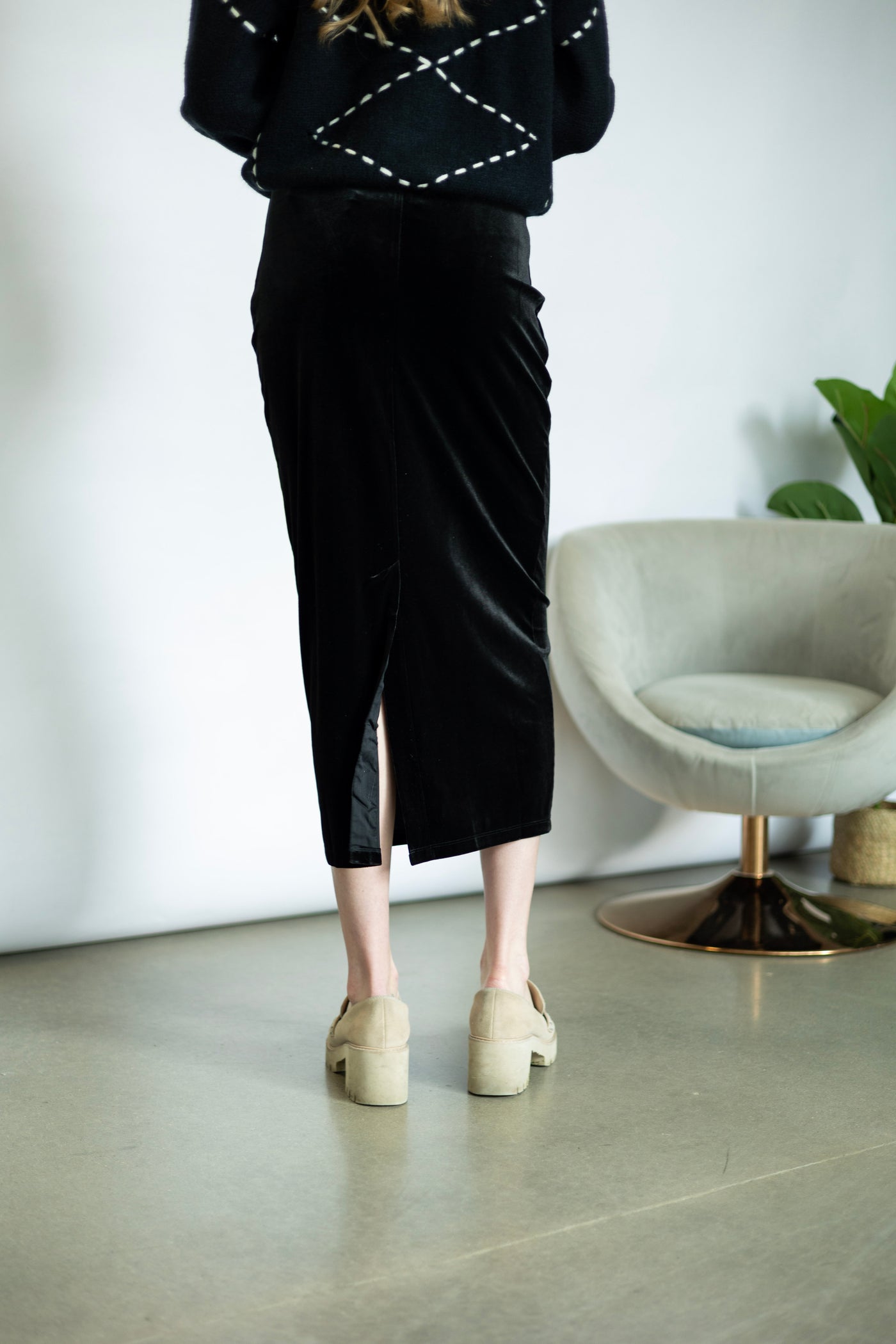 Black, Velvet midi skirt