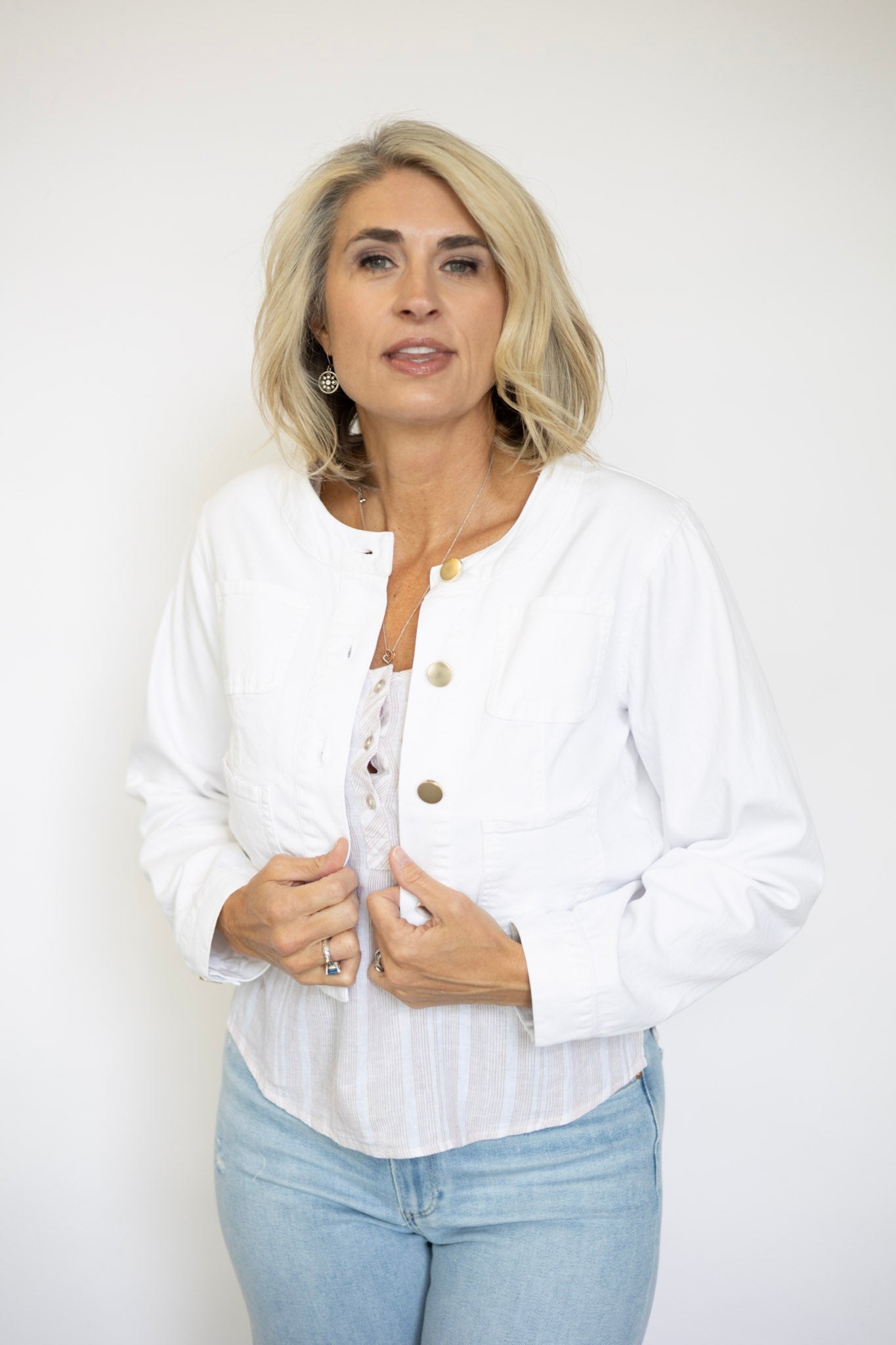 Cropped white denim jacket