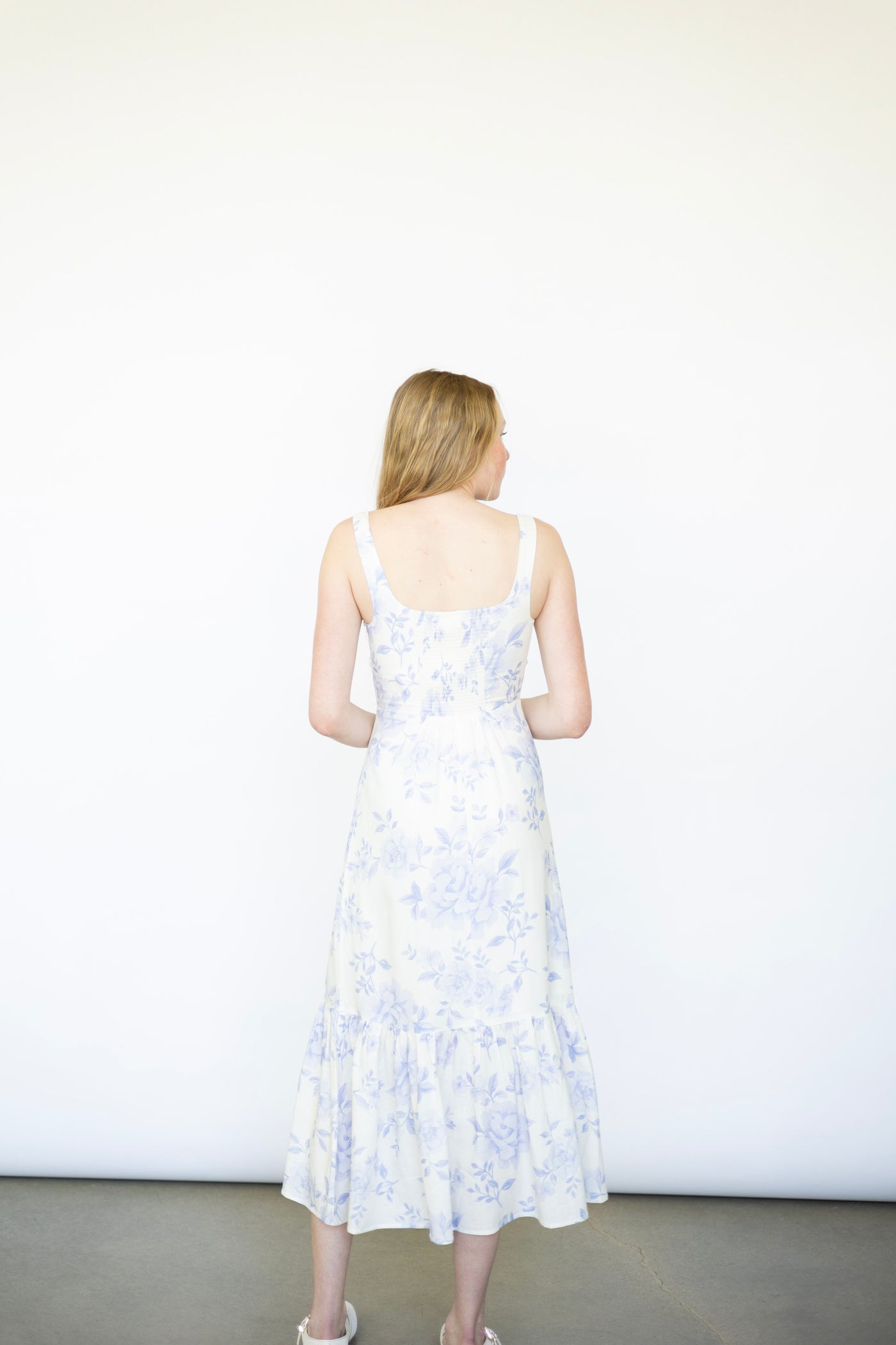 White dress with lilac flowers