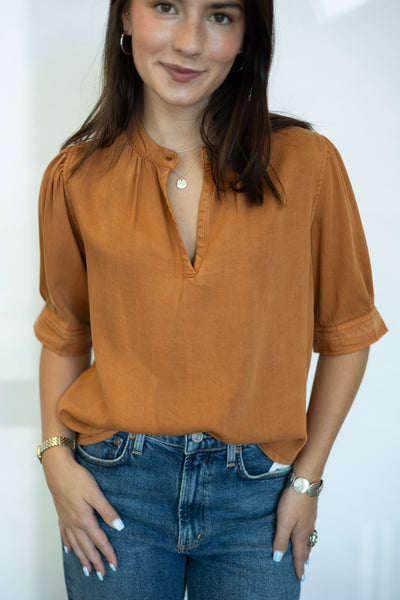 Orange half sleeve denim blouse