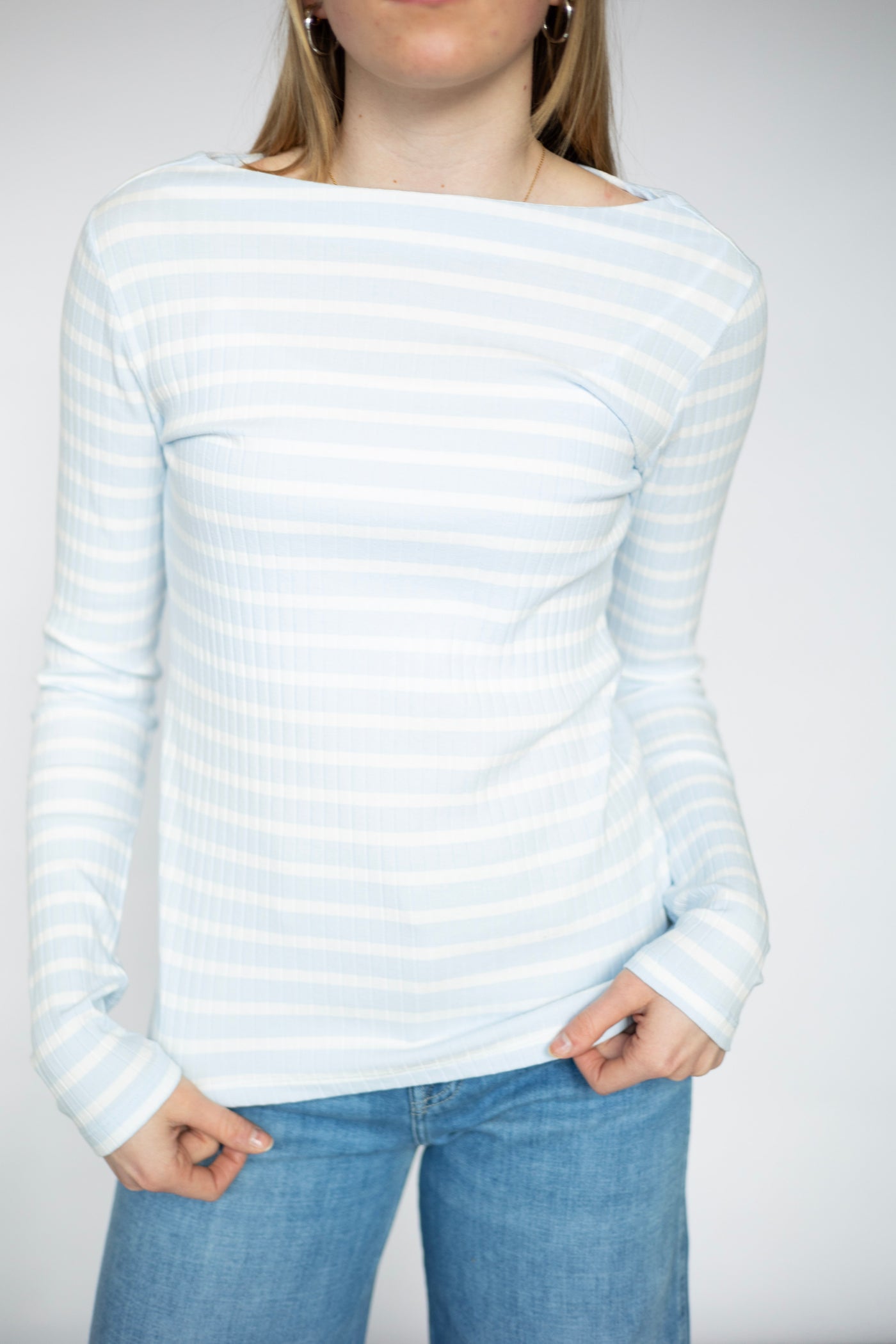 Baby blue, boat neck shirt