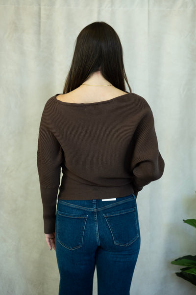 Ribbed, off the shoulder, brown sweater