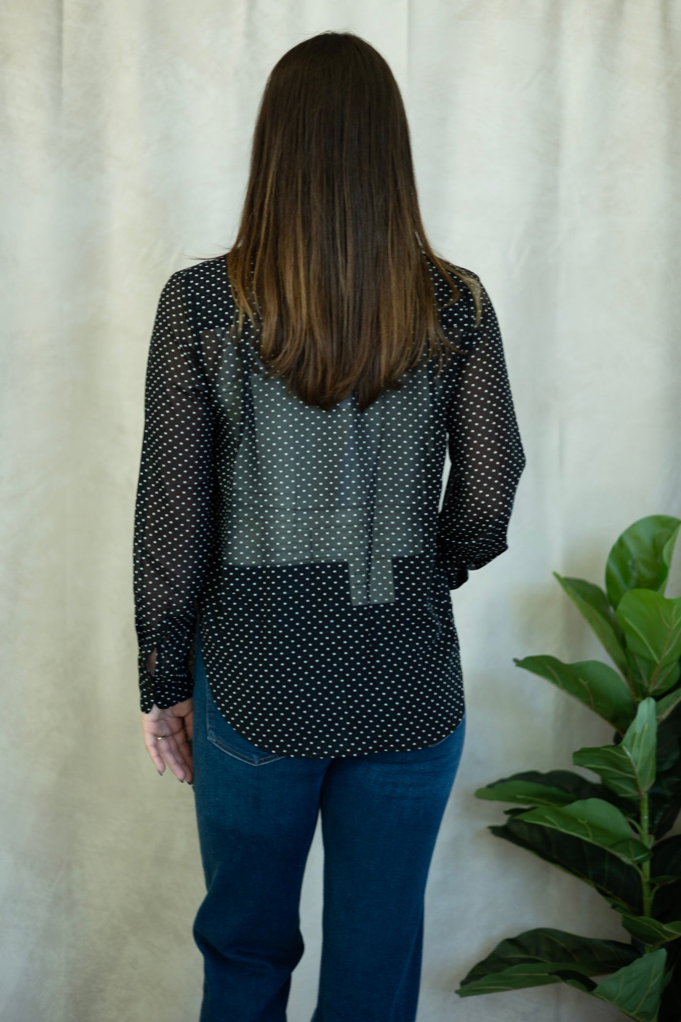 Mesh polka dot blouse with neck tie