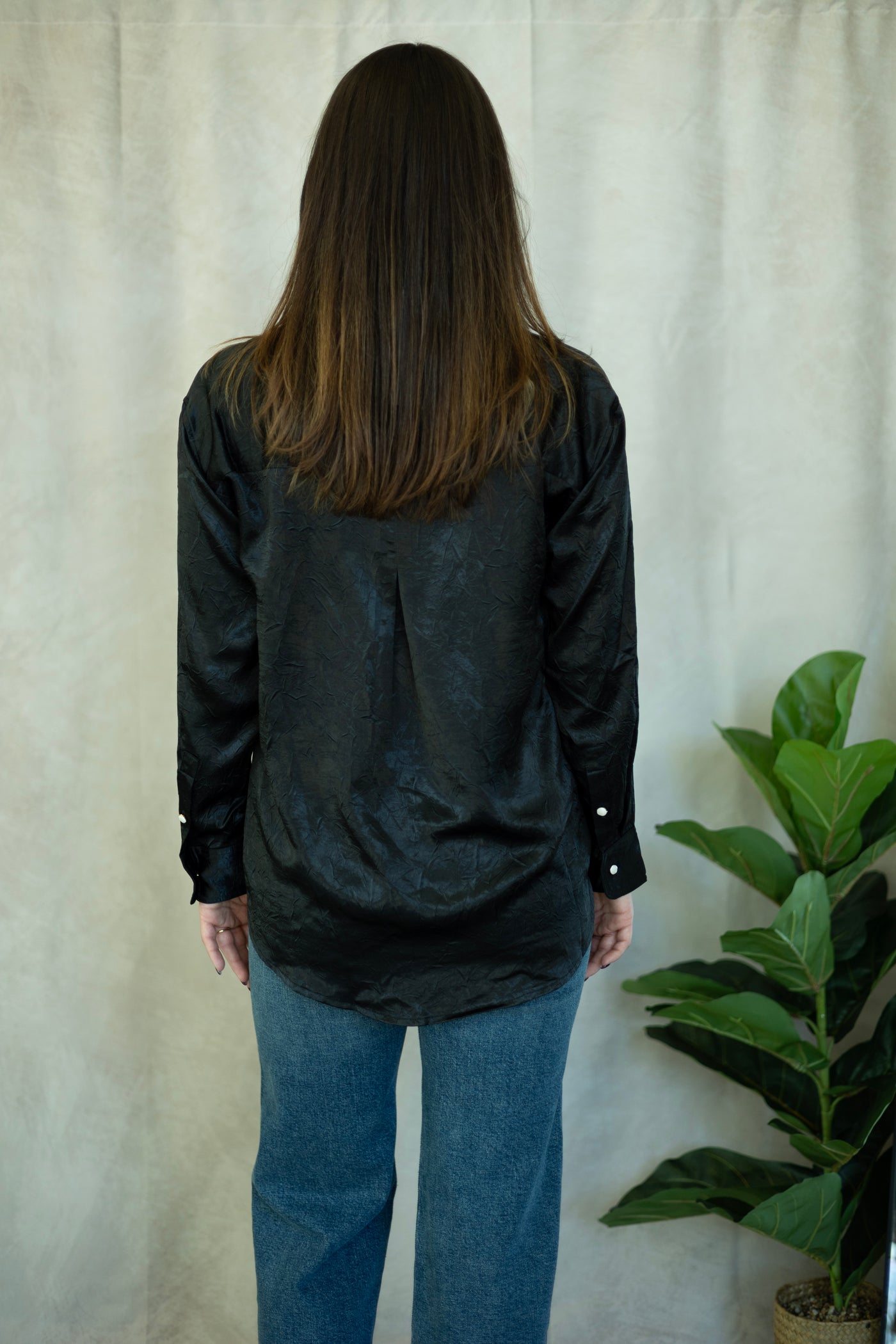 Black, textured, button down blouse