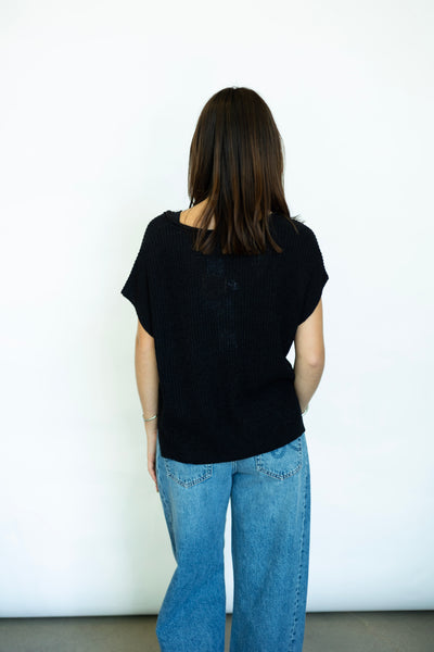 Open knit short sleeve black sweater