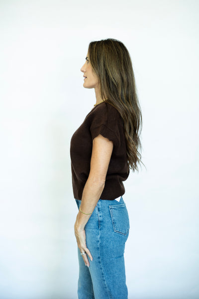 Brown v-neck short sleeve sweater
