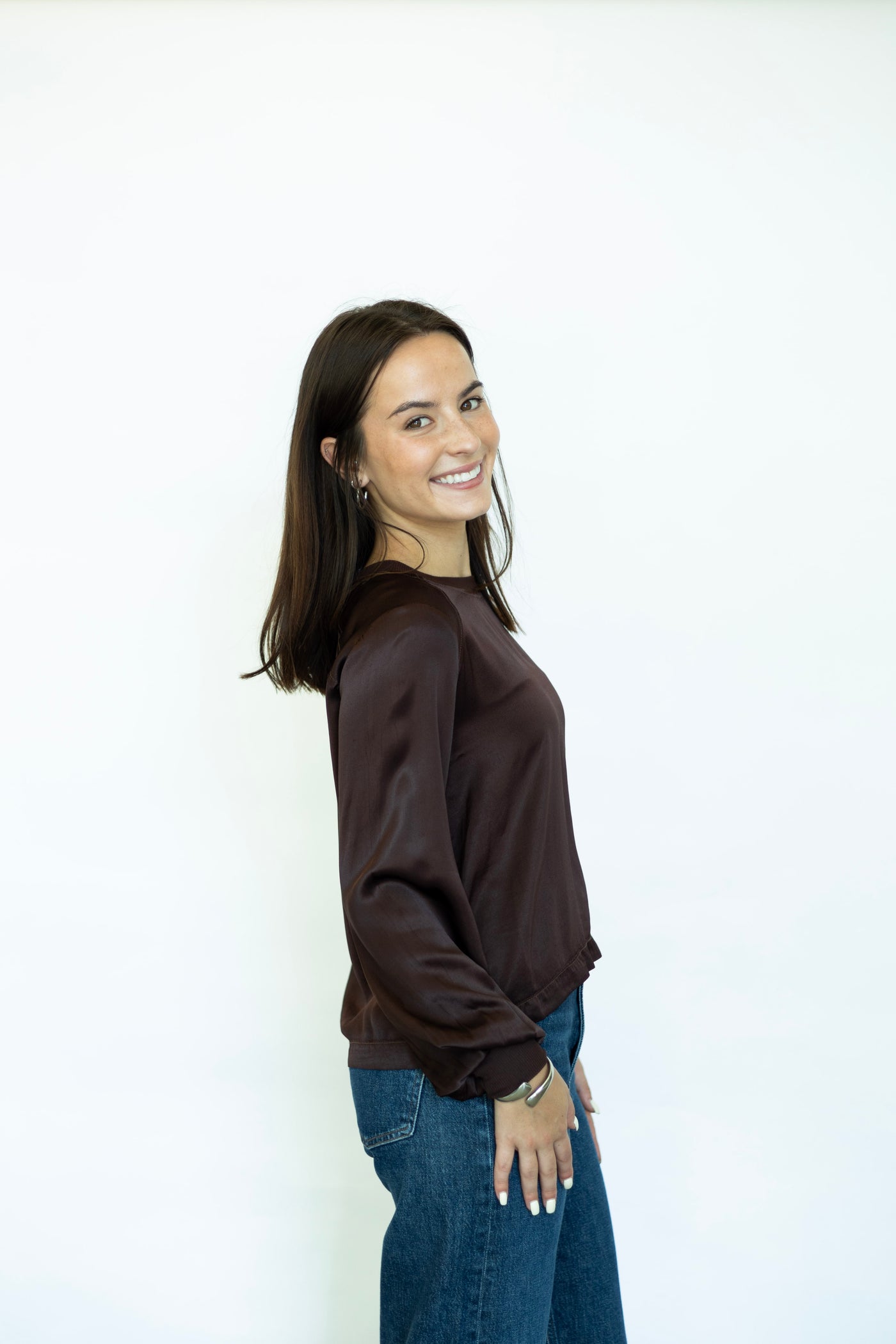Brown satin long sleeve top