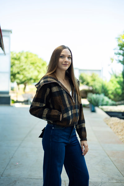 Cropped, plaid zip up jacket