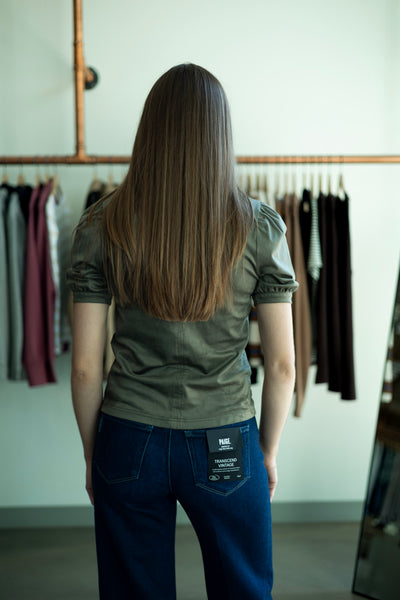 Olive green, suede, short sleeve blouse