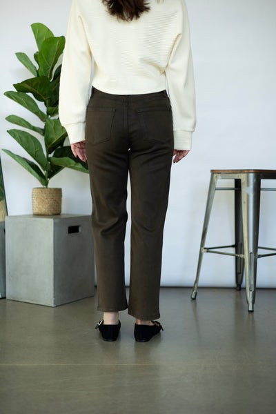 Brown, coated denim for women