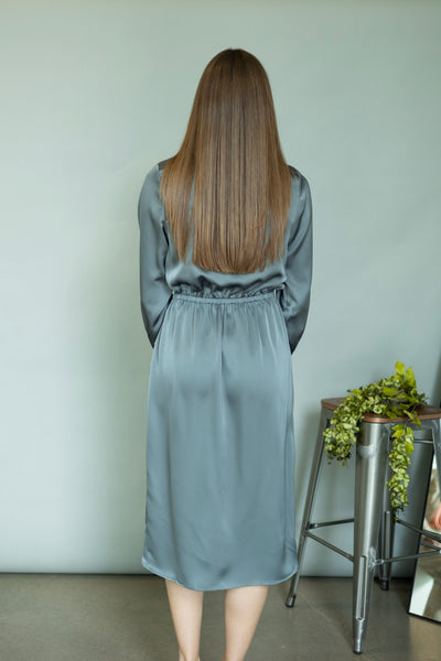 Gray, satin, midi dress