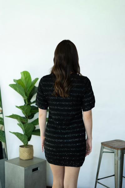 Black, sparkly sweater dress