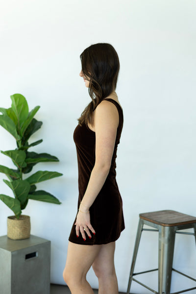 Brown, velvet mini dress