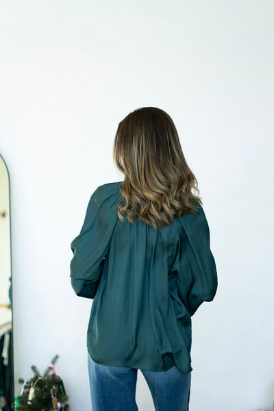 Green, long sleeve, satin blouse