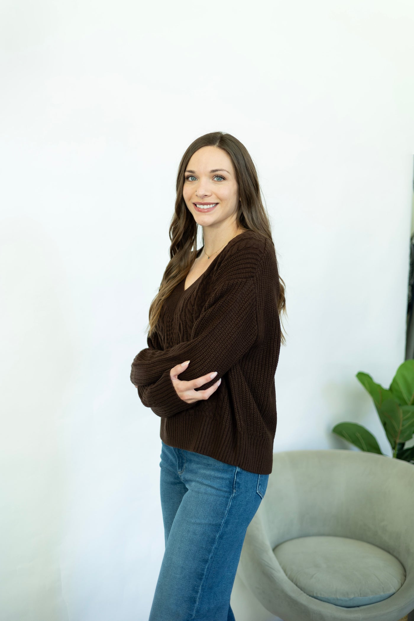 Classic brown v-neck sweater for women