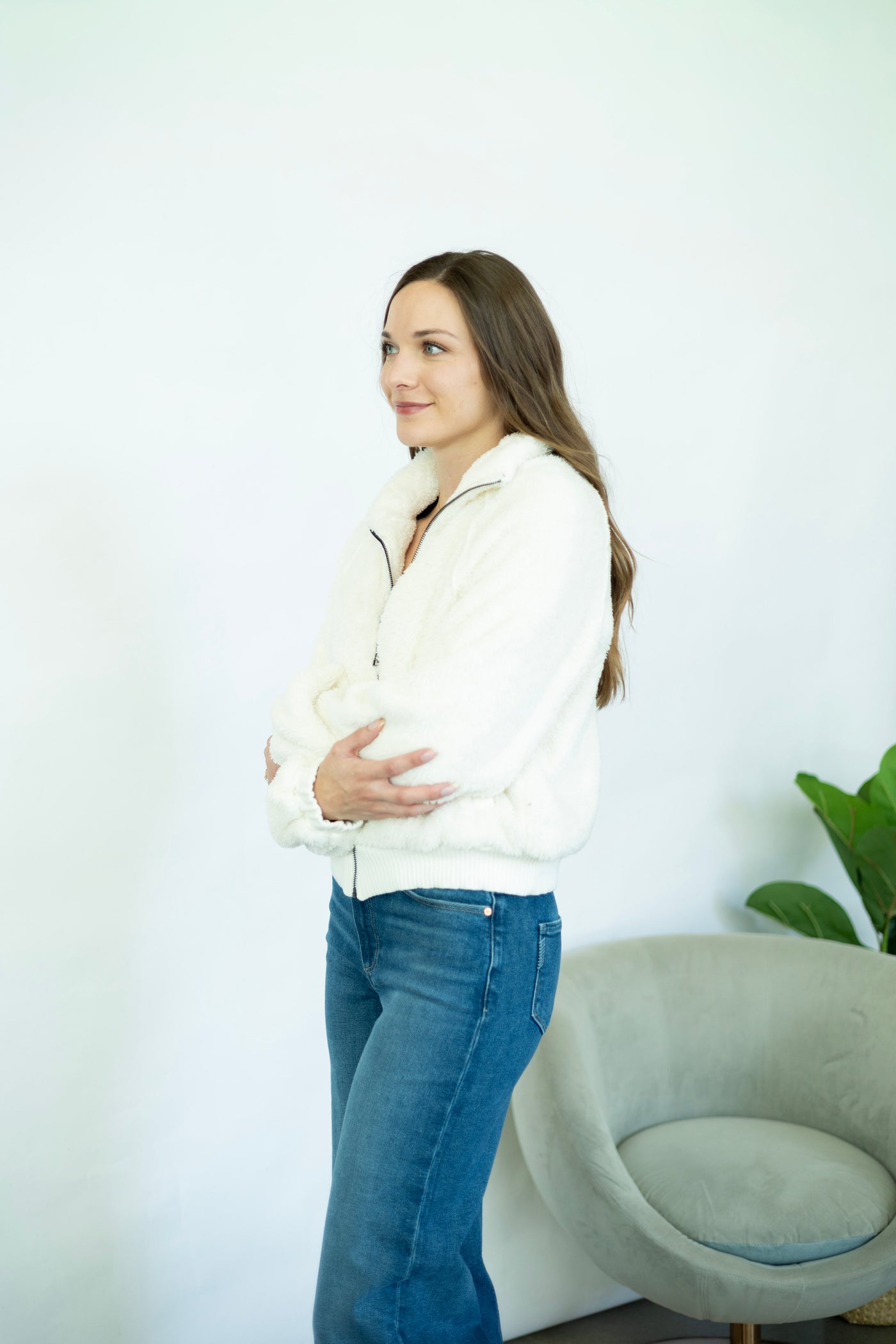 Fuzzy white jacket for women